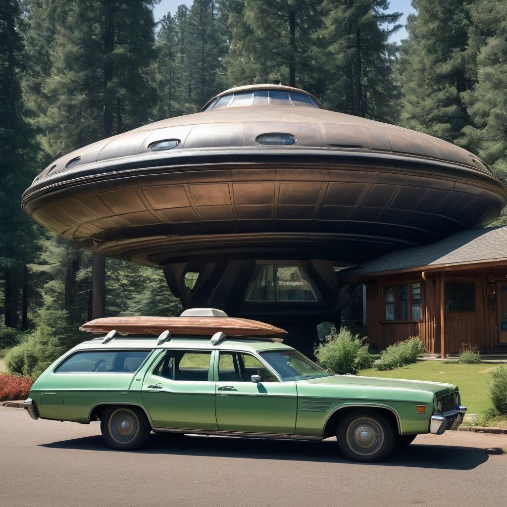 the Griswold's station wagon  parked outside of a 1970's Fly...