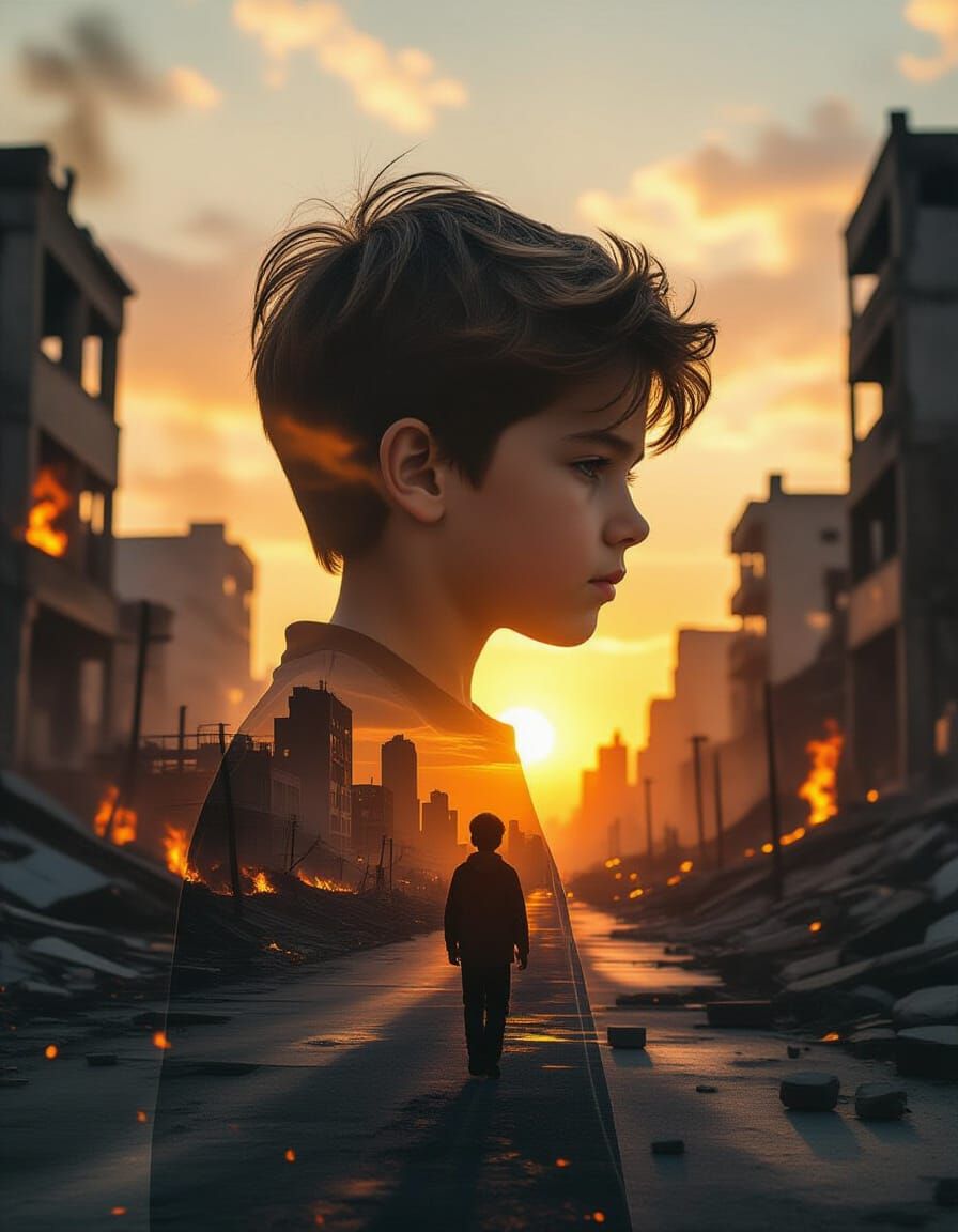 A CINEMATIC DOUBLE EXPOSURE

of a boy in profile, with a post-
apocalyptic cityscape inside his

silhouette.

The inner scene shows the boy
...