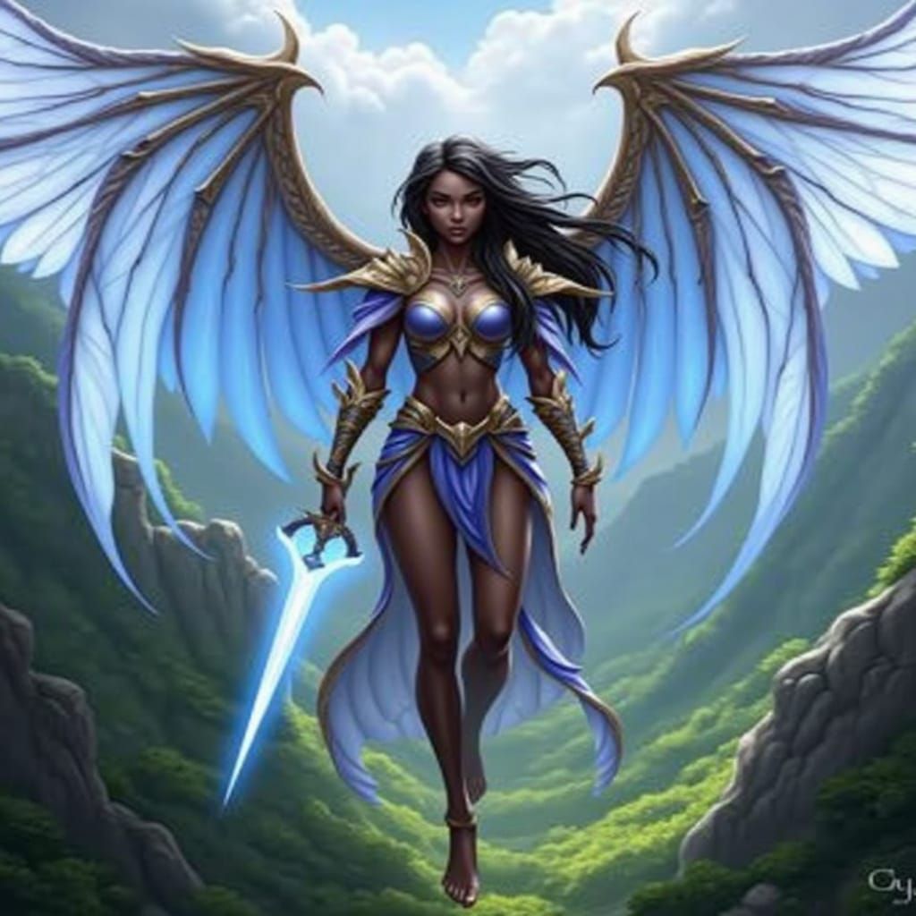 <lora:HyperRealistic Wings:1.0> Elegant dark skinned Elvin female with soft glowing blueish-white wings on her back, wearing a ornate suit o...