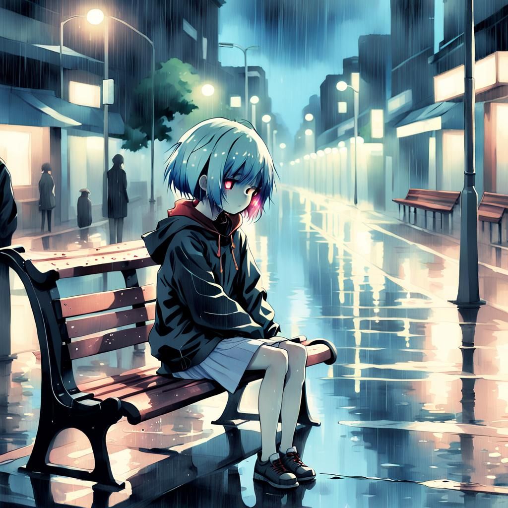 Lonely Girl Crying in Rainy City: Surreal Anime Art