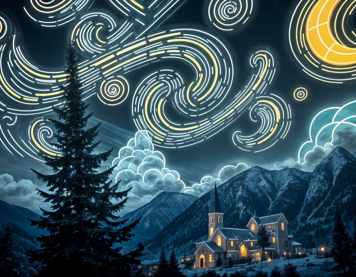 Neon starry night, after Van Gogh