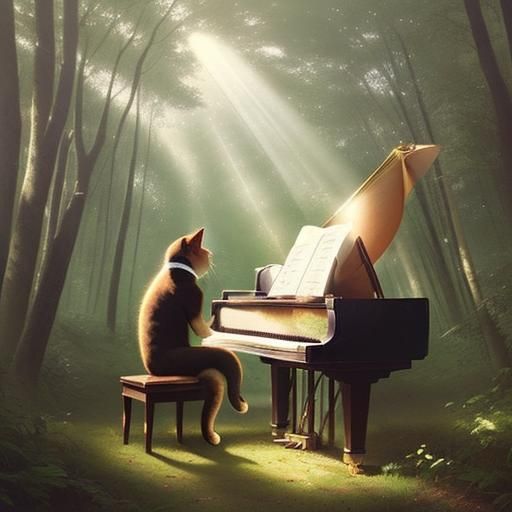A Victory cat playing piano in the woods