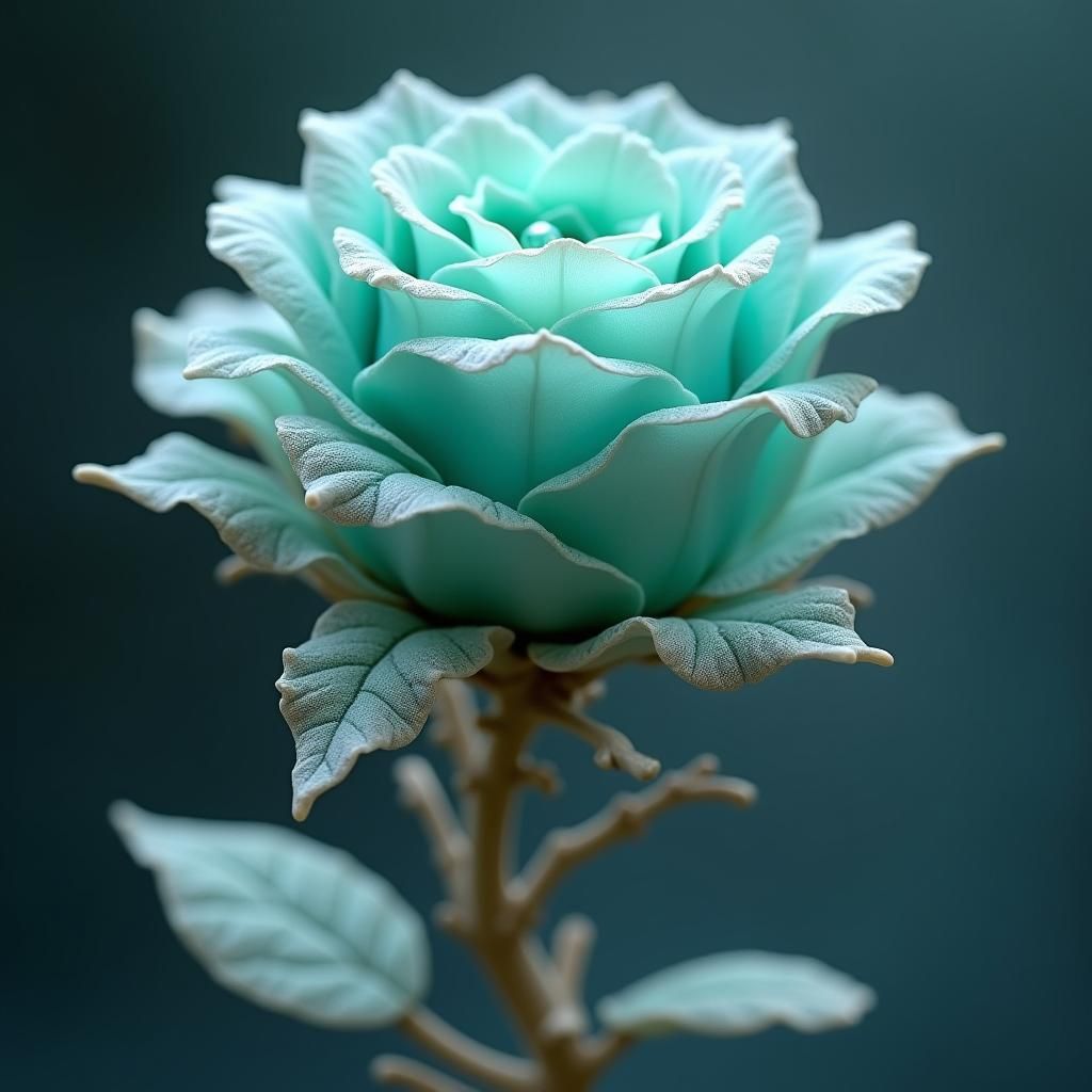 A rose, petals are made of translucent turquoise waves, the stem made from a branch of coral and 3 sea glass leaves one leaf has a Dew drop...