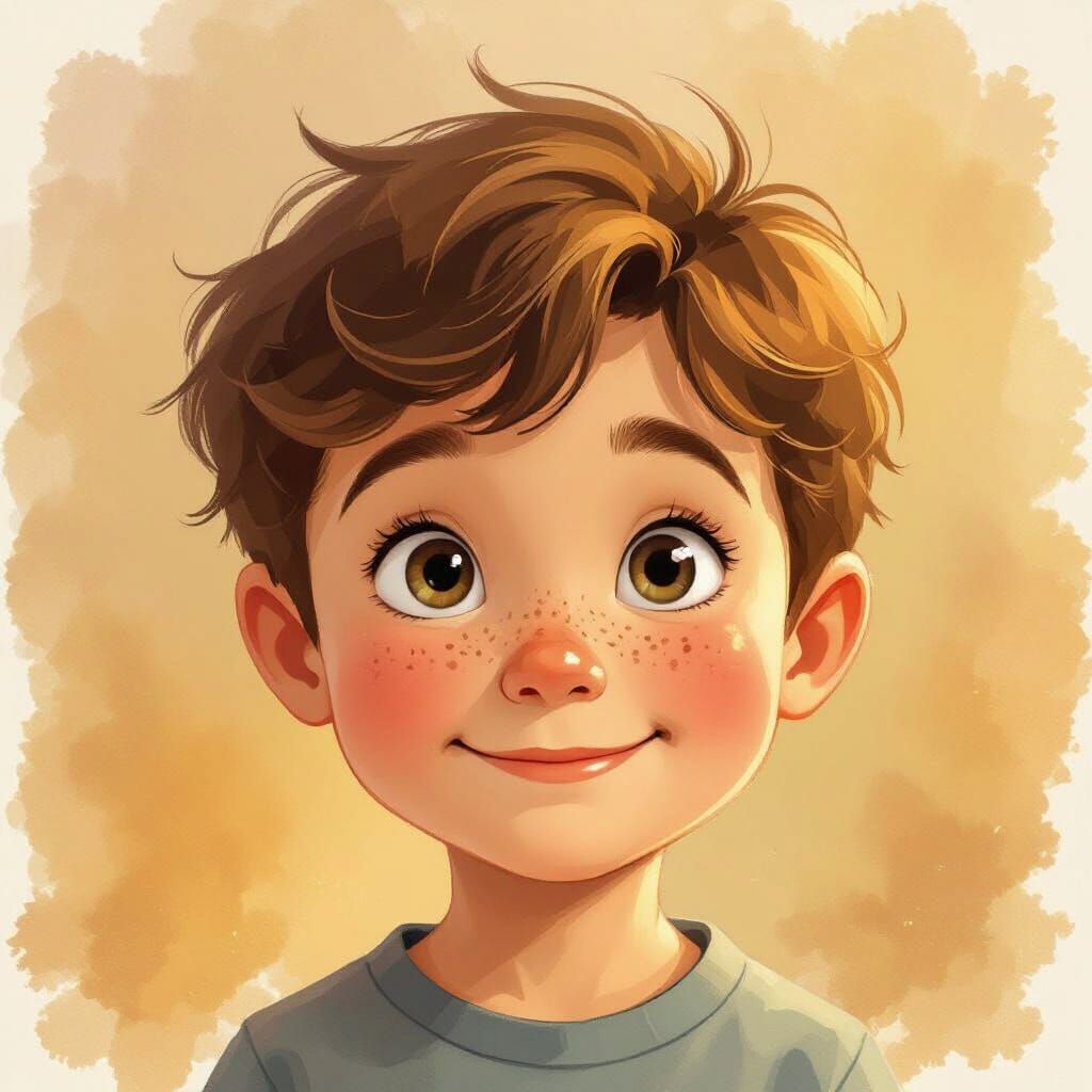 Charming Boy with Freckles in Watercolor Style