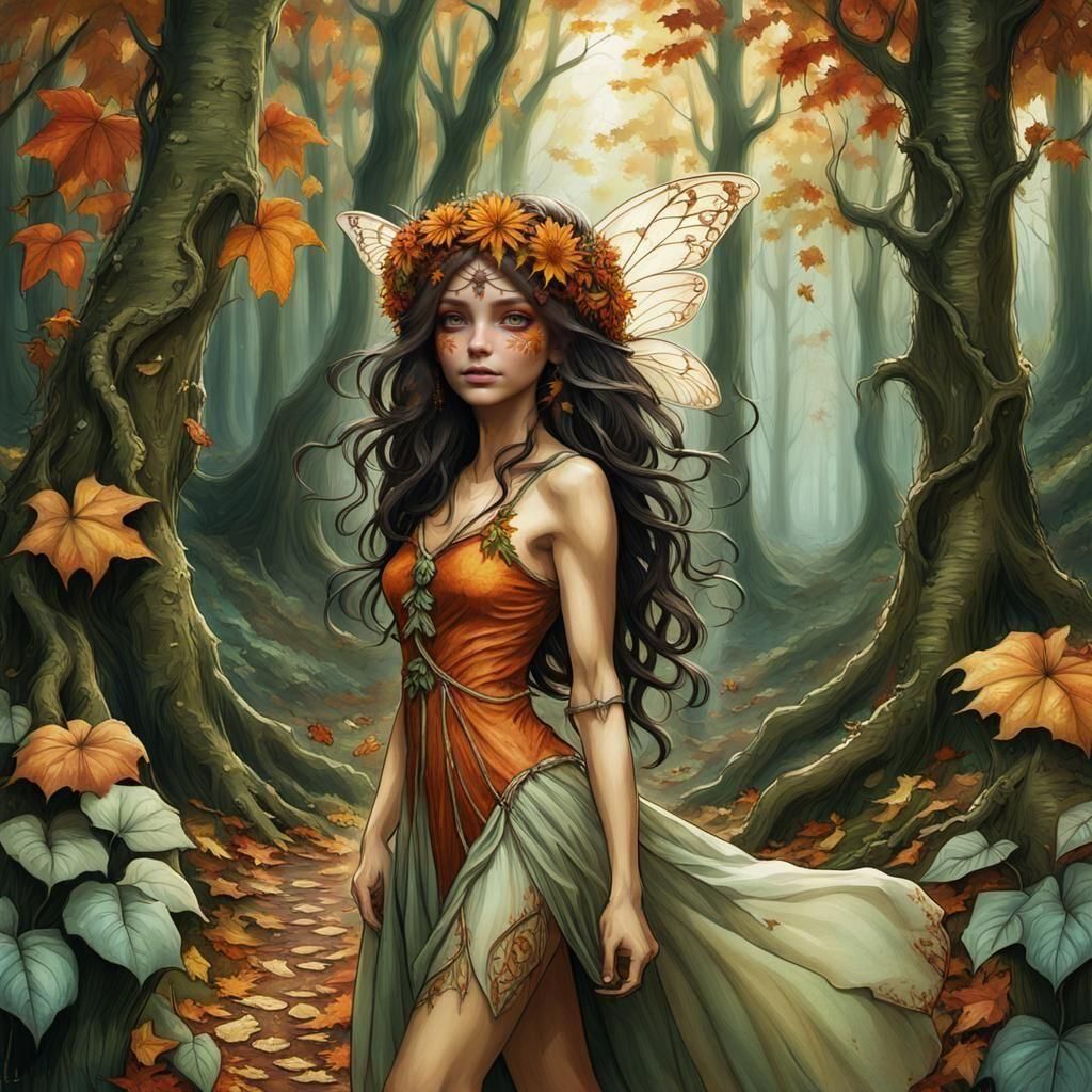 Hippie fairy girl in autumn woods no wings