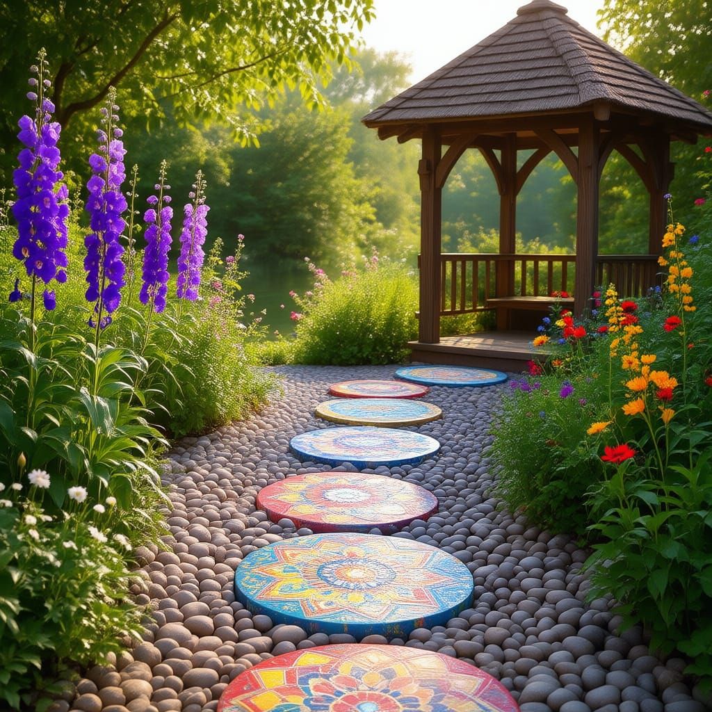 A Bohemian style garden pathway made of colorful, mandala-patterned stepping stones set amongst river pebbles. The pathway leads toward a sm...