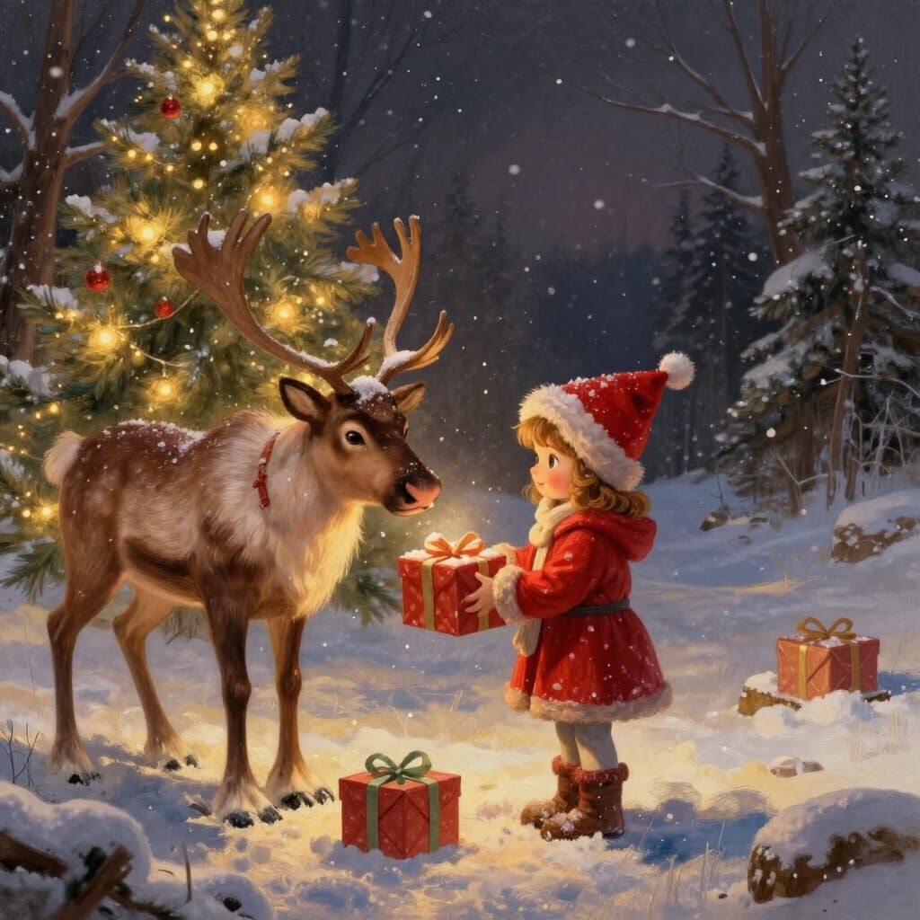 This image depicts a heartwarming Christmas scene on a snowy night. A child and a reindeer exchange gifts ...  by @Kathrin