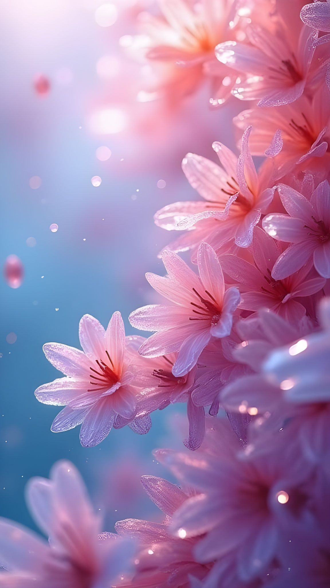 Vibrant, translucent gel-like flowers, suspended in a weightless, abstract, winter environment, with a mesmerizing blend...