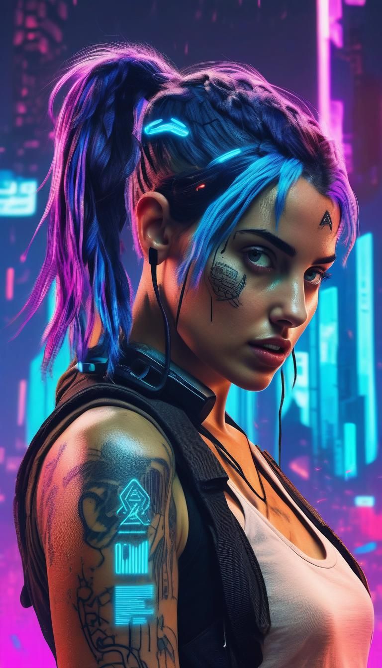 Ana de Armas is Lara Croft in cyberpunk mode with blue electronic hair and  biometric tattoos - AI Generated Artwork - NightCafe Creator