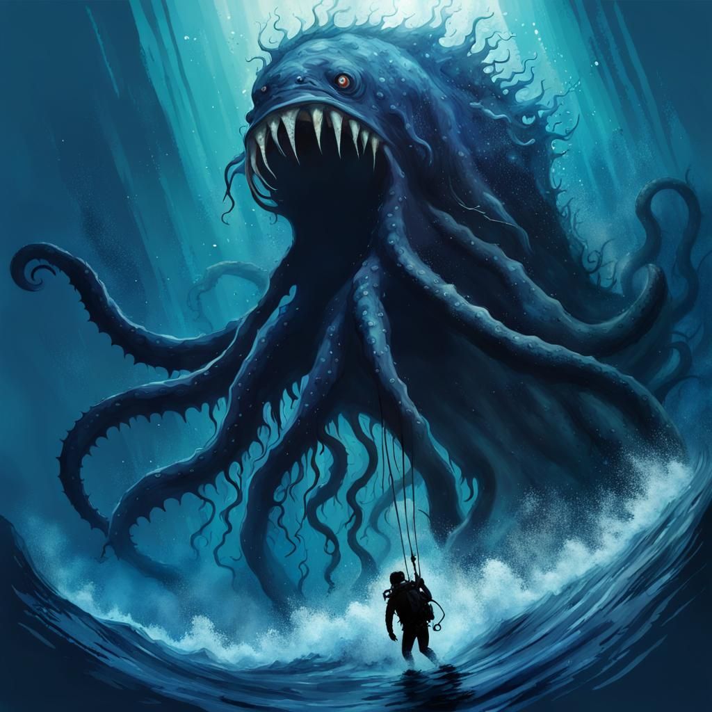 Giant seamonster. Deep in the ocean. Monstrous size, massive maw. Lots ...