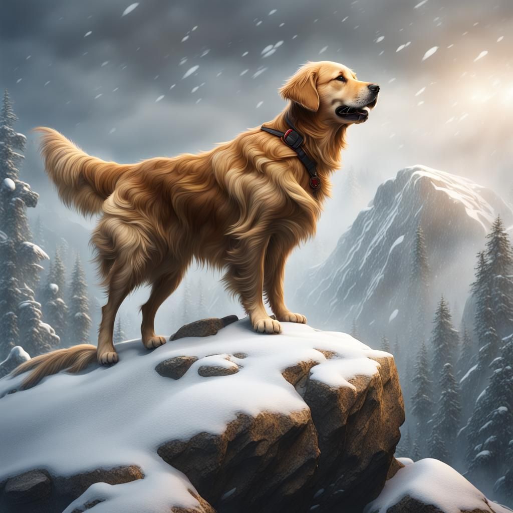 Golden retriever climbing stone mountain in blizzard