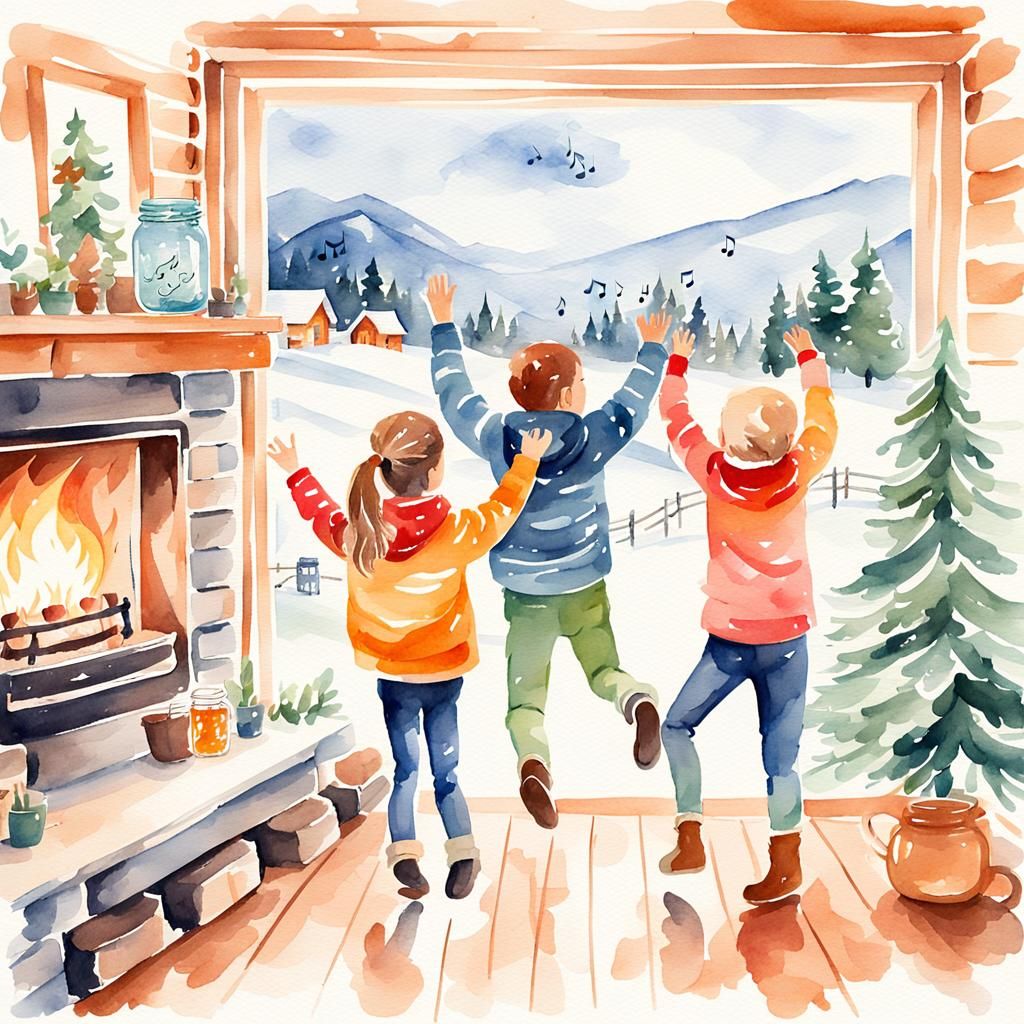 Simple Watercolor painting of two excited kids happy to watc...