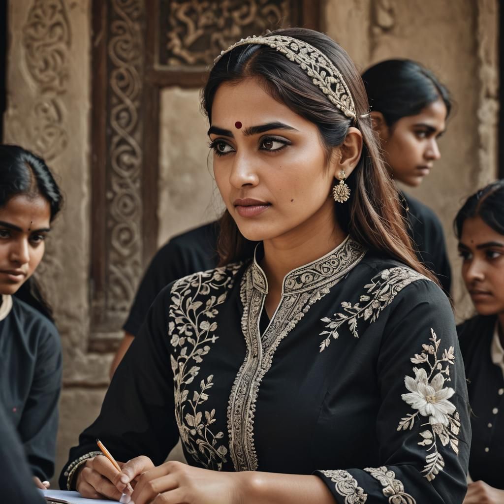 Beautiful teacher teaching students.