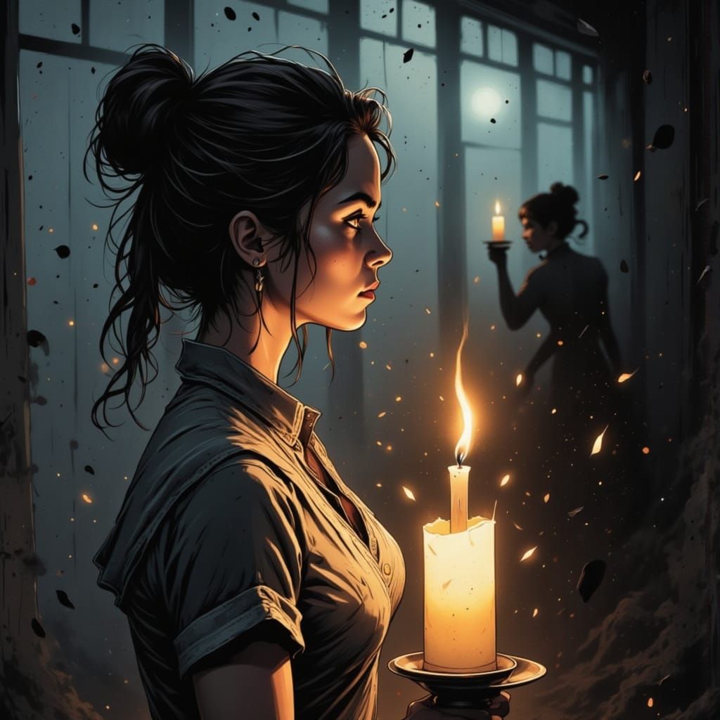 Double exposure. Side profile portrait of a beautiful woman. The candlelight flickers like liquid shadow, reflected in a mirror <lora:You We...