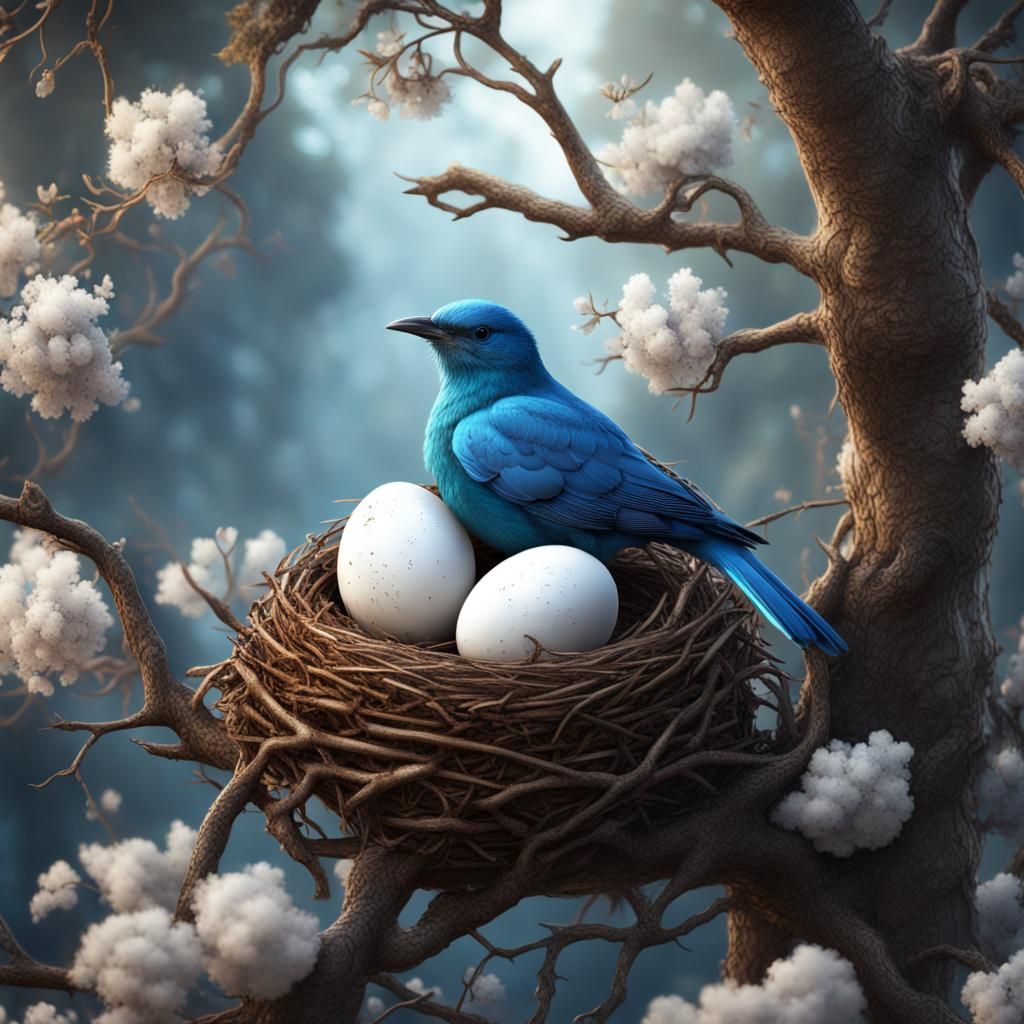 a beautiful nest with three white eggs in it and a mama blue bird sitting on the eggs to keep them warm ...  by @KC