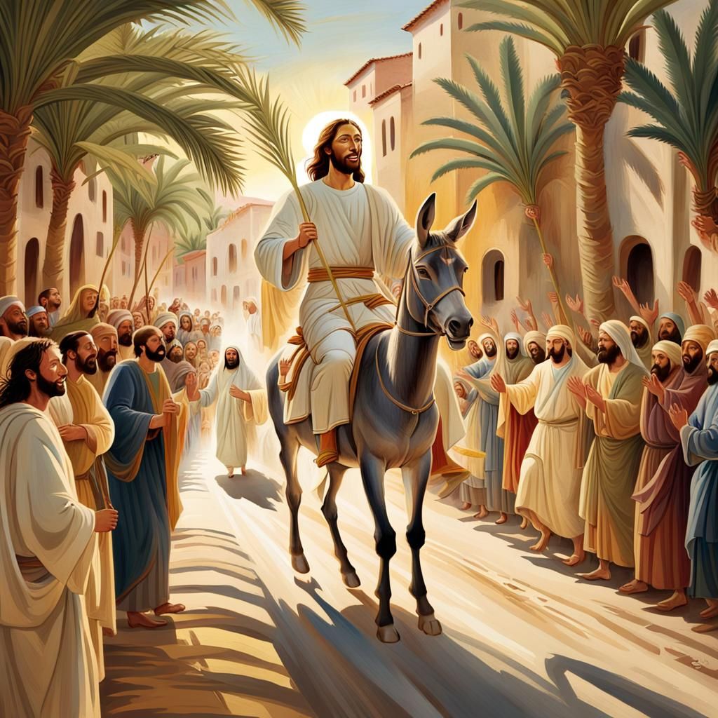 Jesus comes down from the Mount of Olives, humbly rides the ...