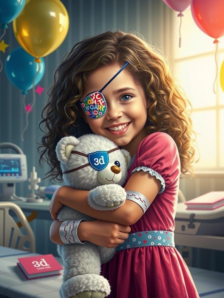 Childrens book drawing of a smiling girl wearing an eyepatch hugging a white teddy bear 