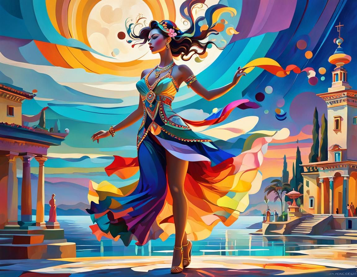 Fantasy Girl Dancing in Surreal Landscape: Digital Art