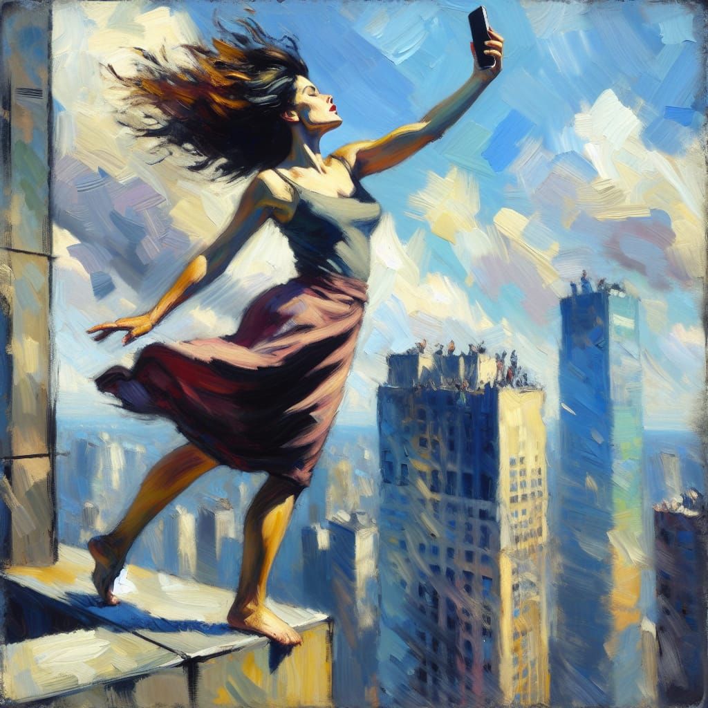 woman standing on the edge of a skyscraper taking a selfie - AI ...