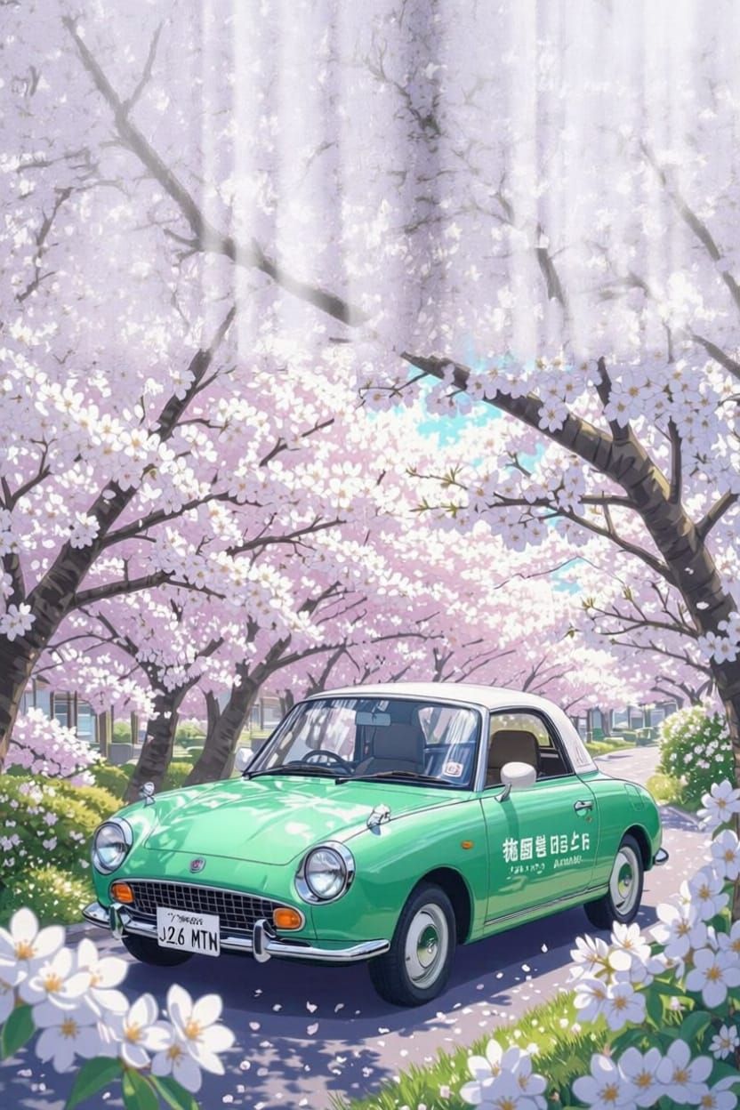 Create a A3 advertisement poster for the 1991 nissan figaro in emerald green. This should be somewhat kawaii, bright in colours, featuring J...