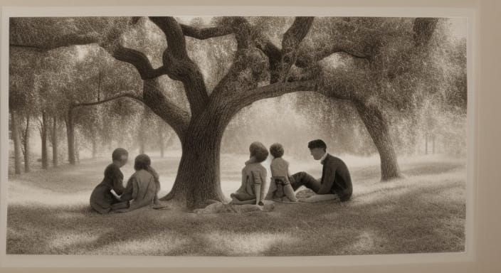 Grayscale, photo on Sepia paper, "photo of a early 1900's family sitting under a tree" , Insanely detailed and intricate, 32k, by Adonna Kha...