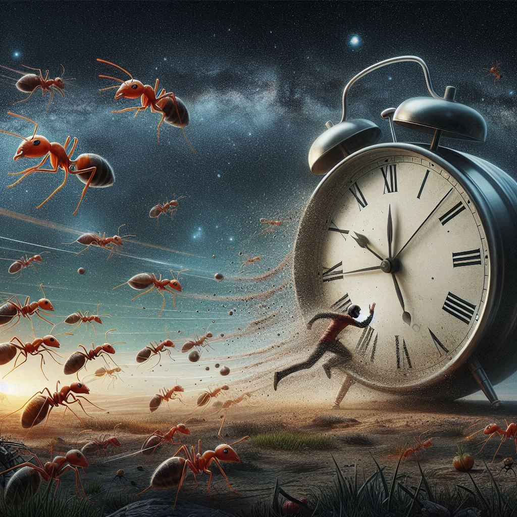 ants trying to catch the time that is always running in eter...