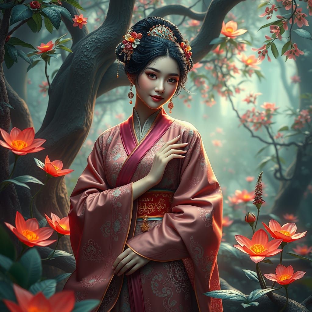 Fantastical Chinese Goddess in Enchanted Forest