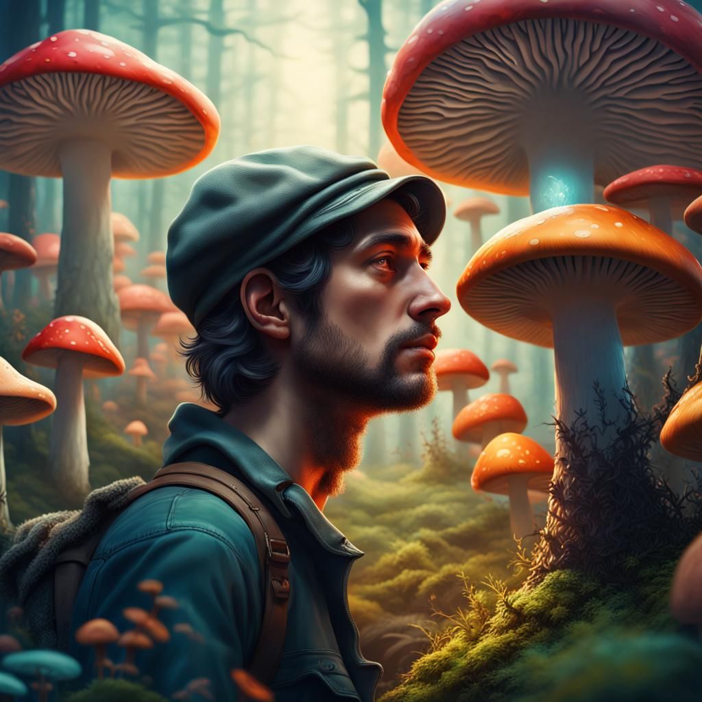 A man in a mushroom forest