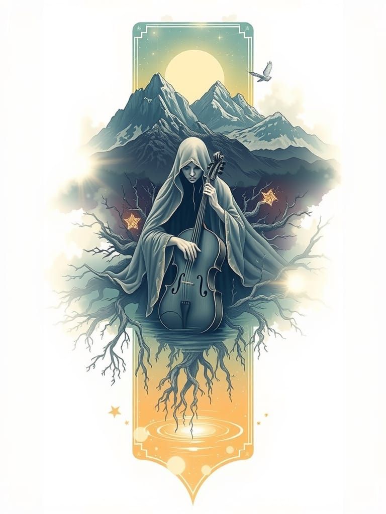 A magestic chain of mountains, above it, a mystic celestial sky, below the mountains, roots dripping far below on a crystal lake. the roots ...