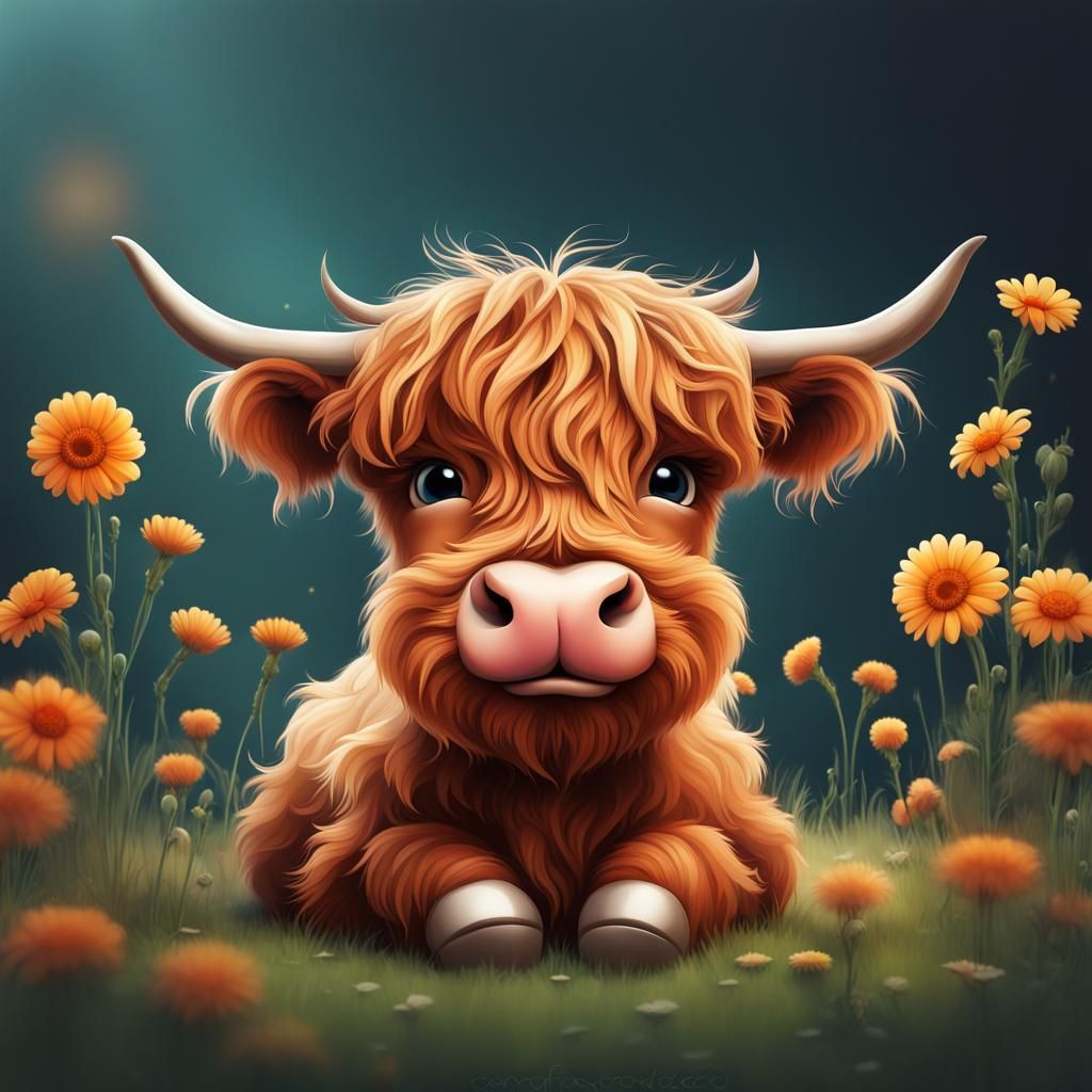 Adorable Cute Happy Baby Scottish Highland Cow With Dreamy Eyes 