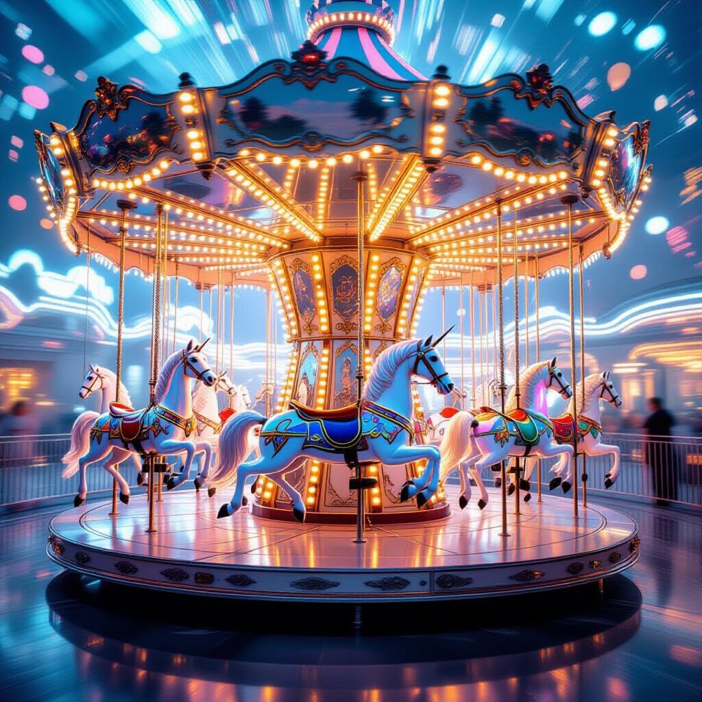 A breathtaking scene of a futuristic carousel in motion, adorned with elegant chrome horses and translucent, glowing animals. The structure ...