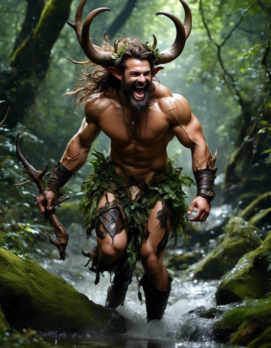 Epic <lora:Wild Thing:1.0> fantasy handsome satyr laughing,  clean lines,  sharp focus, full body