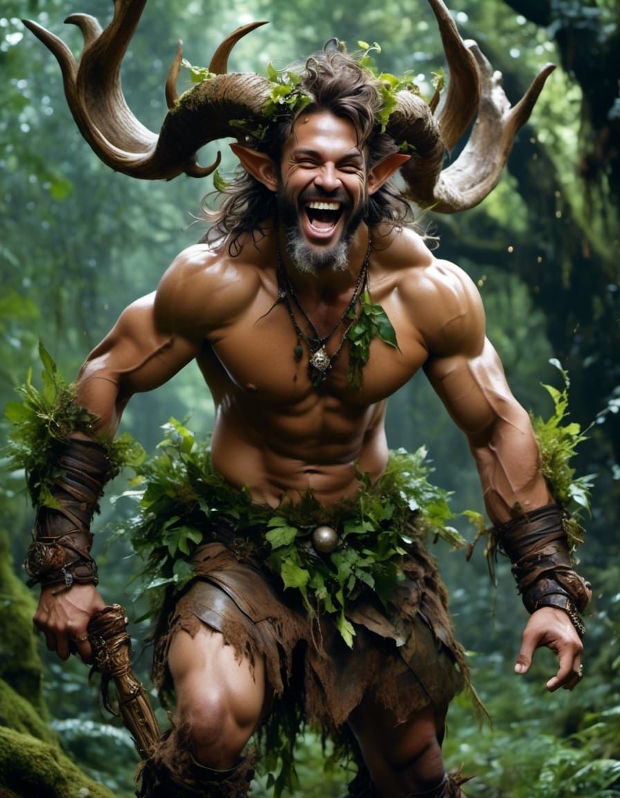 Epic <lora:Wild Thing:1.0> fantasy handsome satyr laughing,  clean lines,  sharp focus, full body