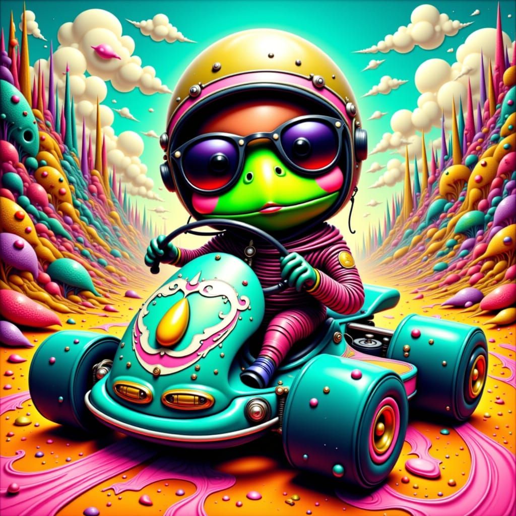 Crazy Frog Races in Surreal Pop Art Style in This image shows Crazy Frog in a racing helmet and sunglasses, driving a kart amid chaotic scen...