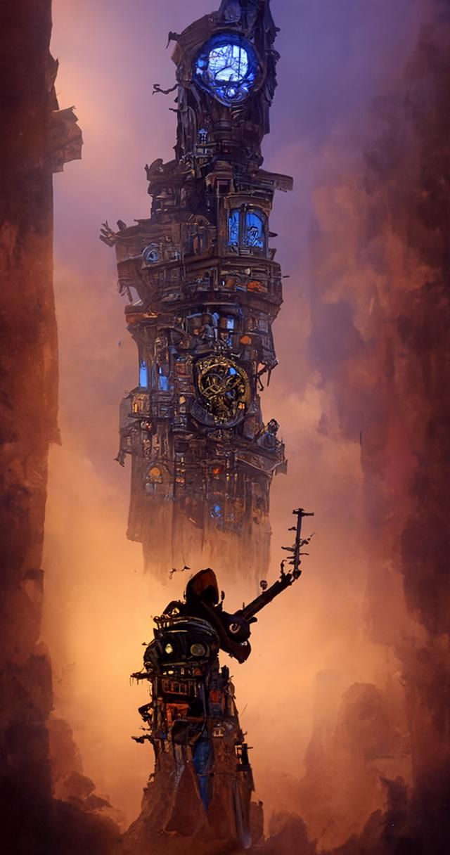 Medieval cyberpunk steampunk clockpunk tower, guitarist; oil...