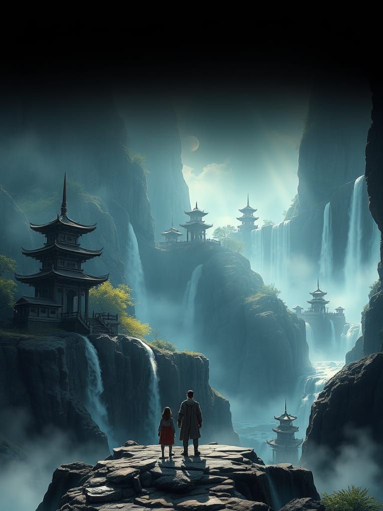 A solitary ascetic with a long white beard walks along a winding, Escher-like path leading to a precarious tower perched on a high cliff. Th... - Start Image 2