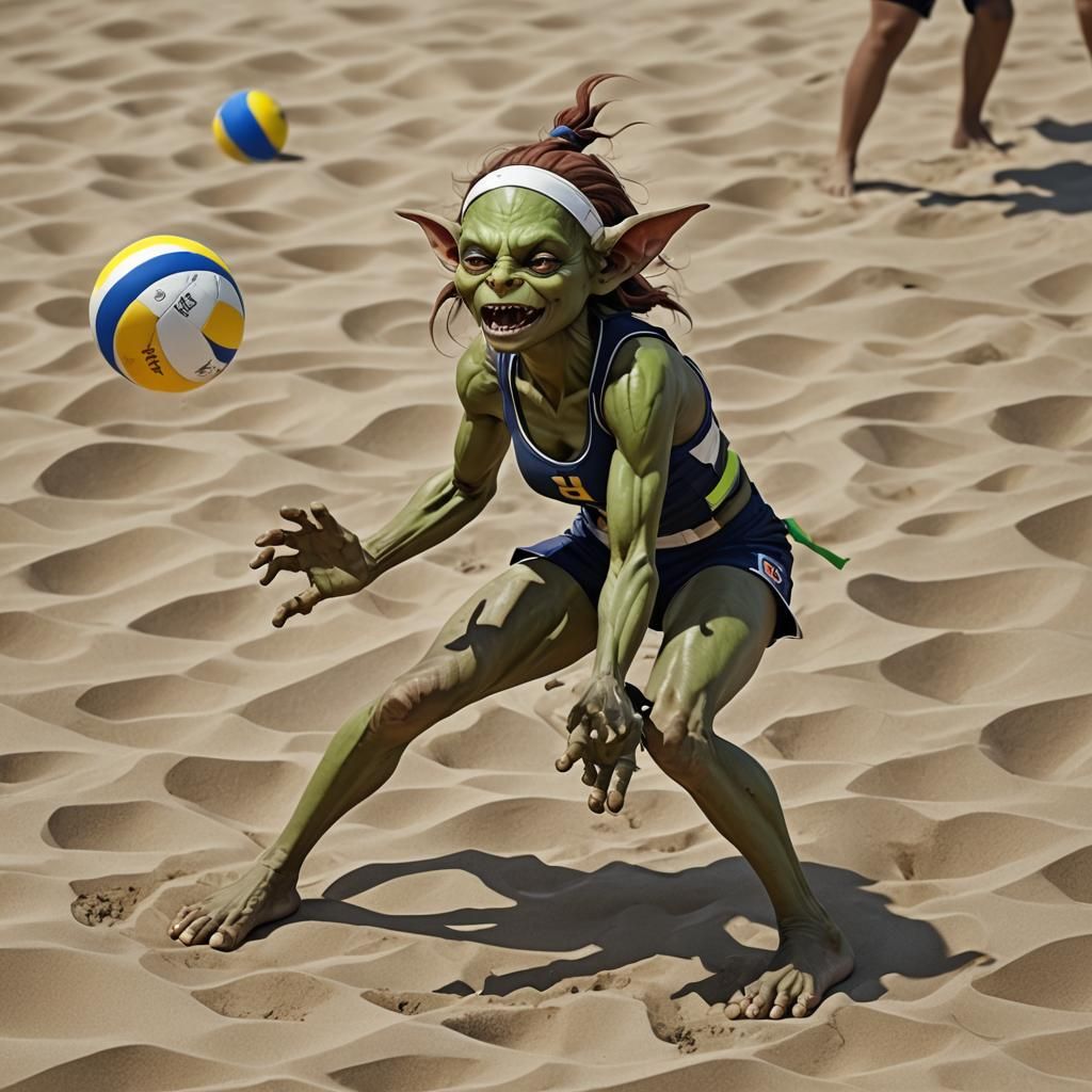 A goblin playing beach volleyball.