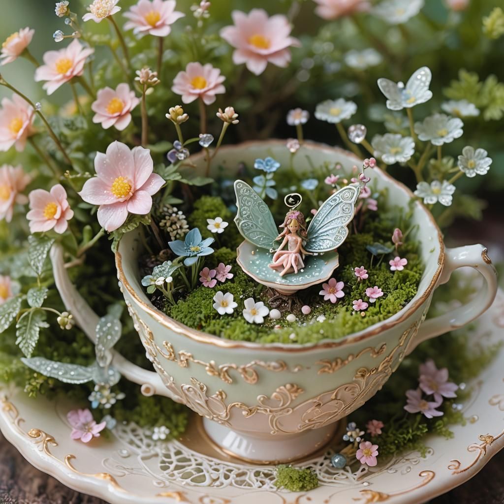 A magical fairy garden contained in a fancy teacup 