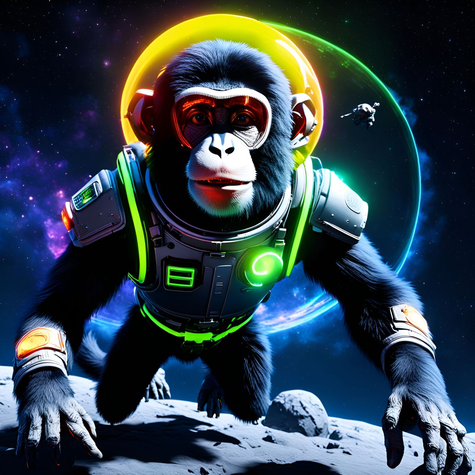 Flying space monkey flotting in outer space , glowing plasma under