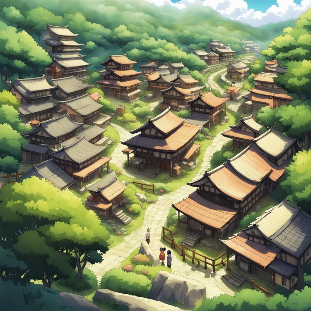 Beautiful Lush Naruto Kitsune Village AI Generated Artwork