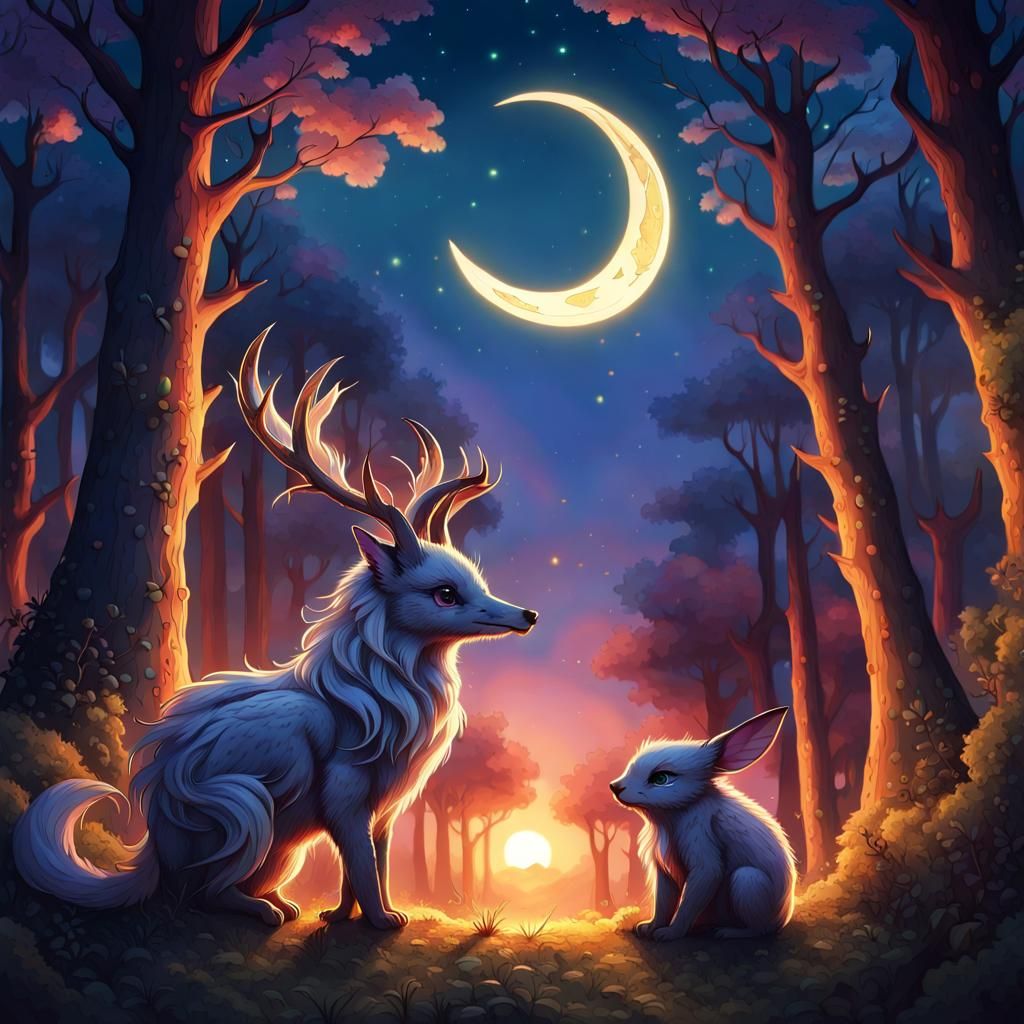 Cute fantastic magical creature, in a forest clearing