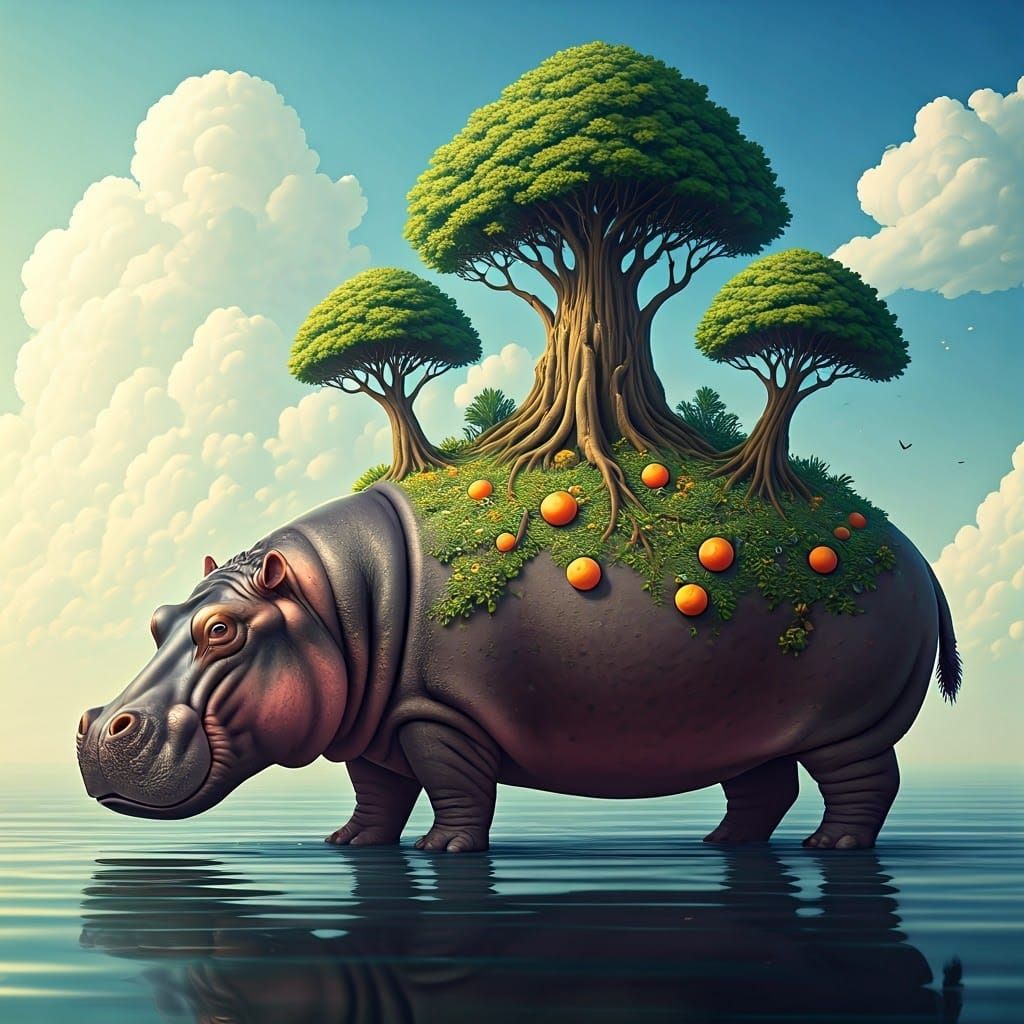 Whimsical Hippo Landscape in Miyazaki and Ryden Style
