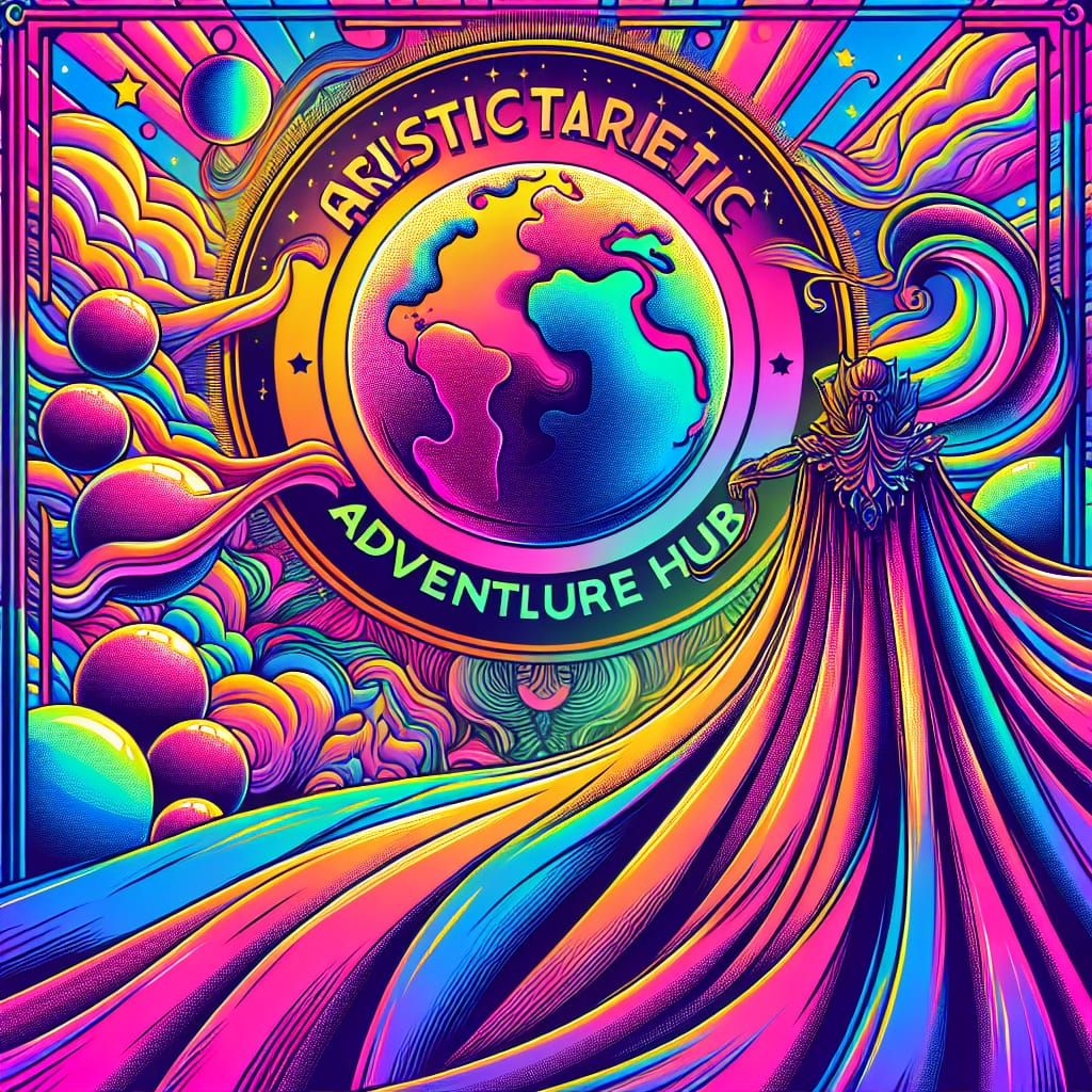 A creation with the words " Artistic Adventure Hub" and in background is a planet with a cape around it along with other...