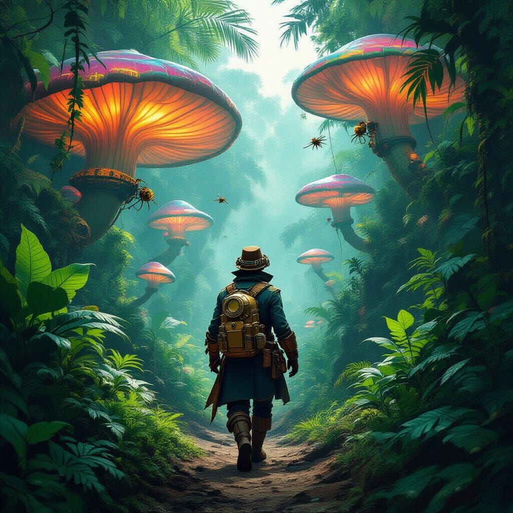 A solitary explorer, clad in brass goggles and leather, navigates a dense jungle on a newly discovered planet. Giant, iridescent fungi illum...