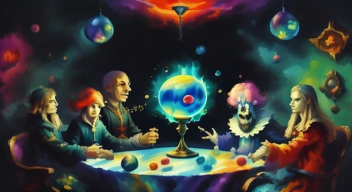 <lora:Spirit World:1.0> five people sitting around a table with a large crystal ball with a scary face in it, holding hands and a large elec...