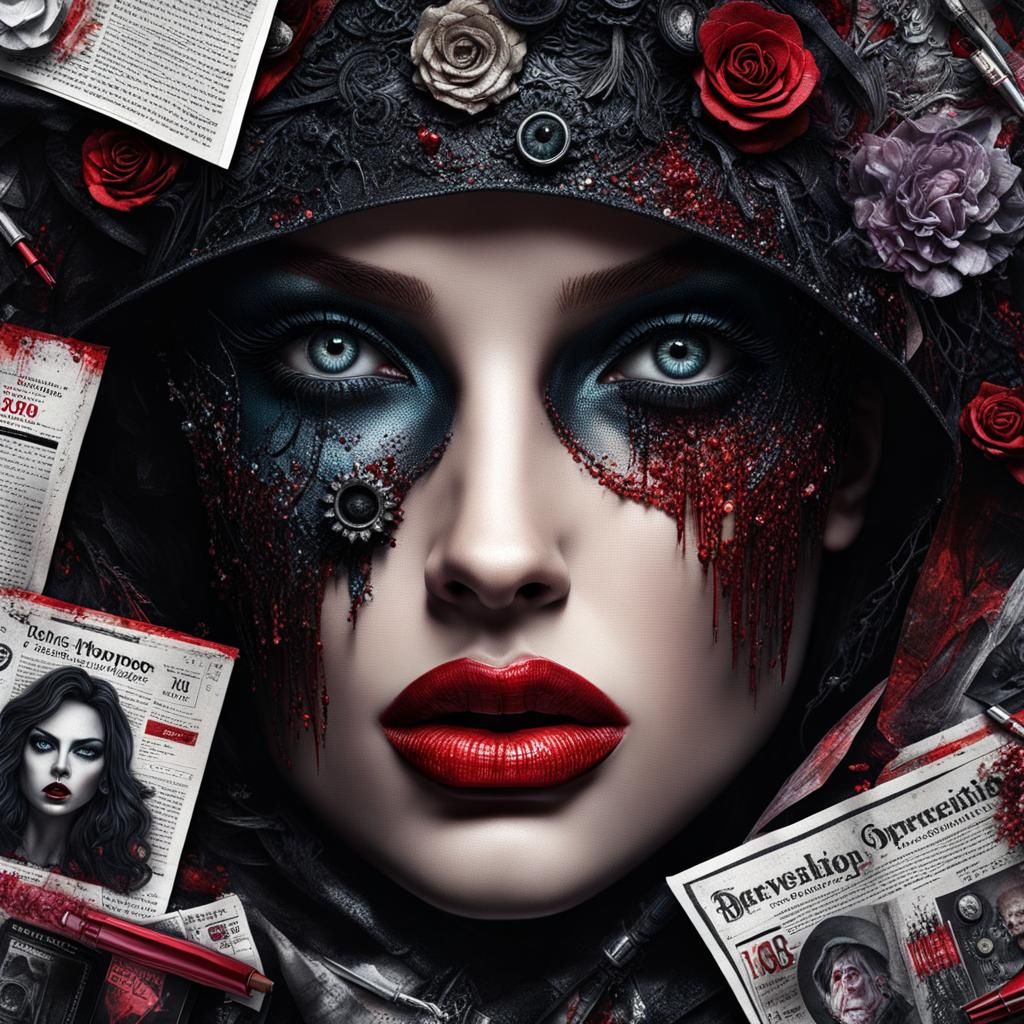 dark horror . 3d mixed media portrait layered fashion magazi...