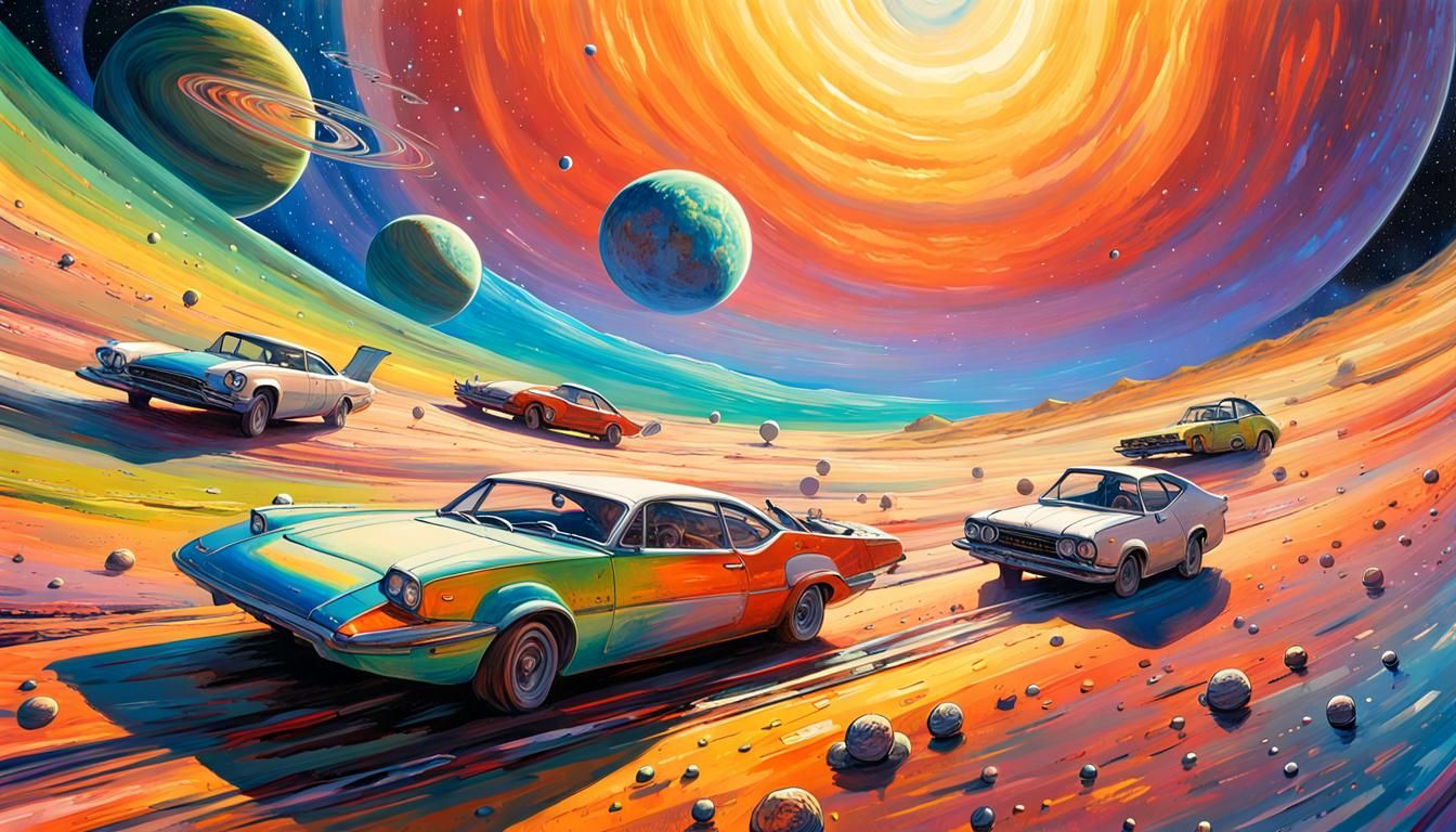cars Drag Racing on a rainbow track in outer space, planets ...