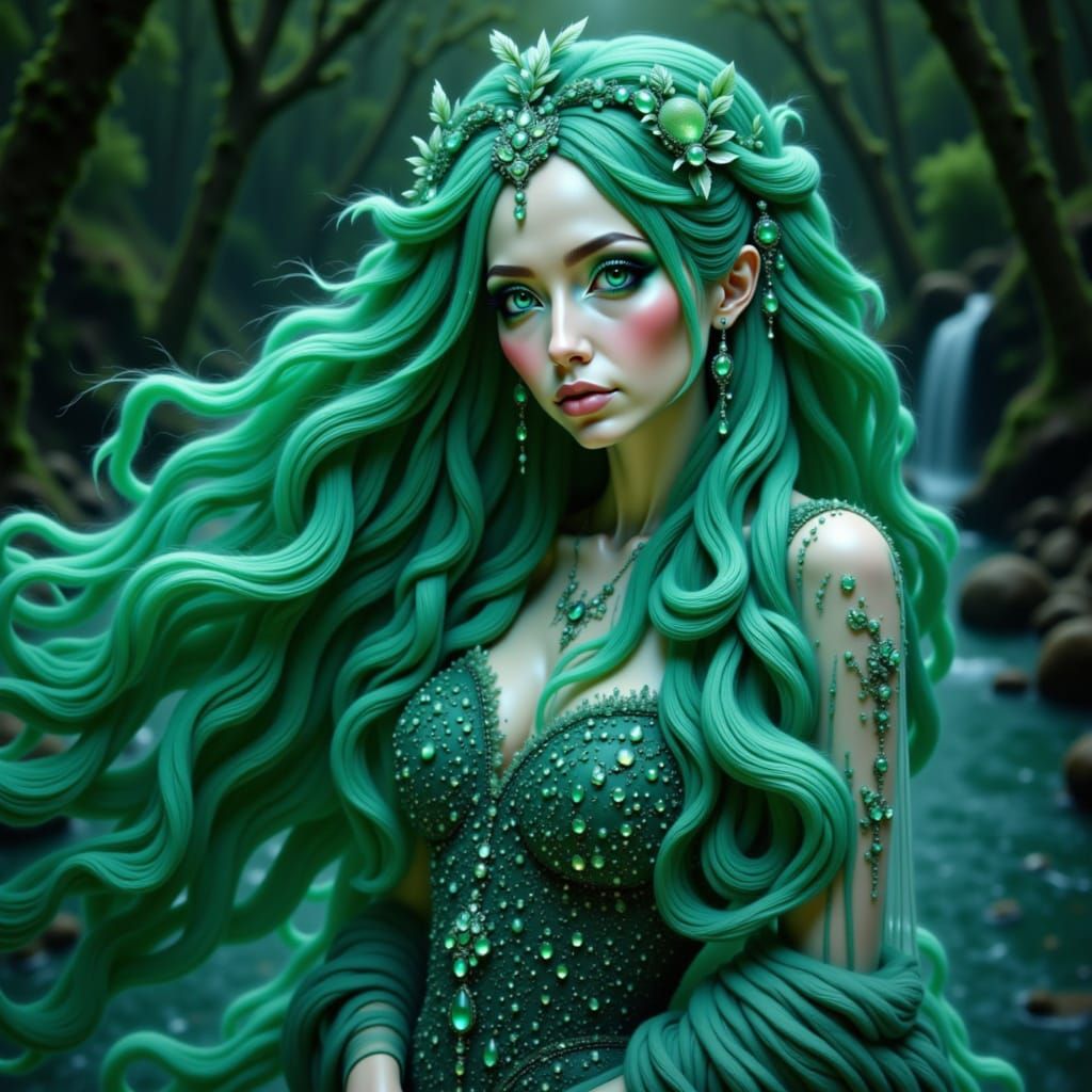 <lora:Big Hair Test Run:1.0> big hair, Imagine a person, adorned in flowing gowns in shades of deep green and light blues with a pearlescent...