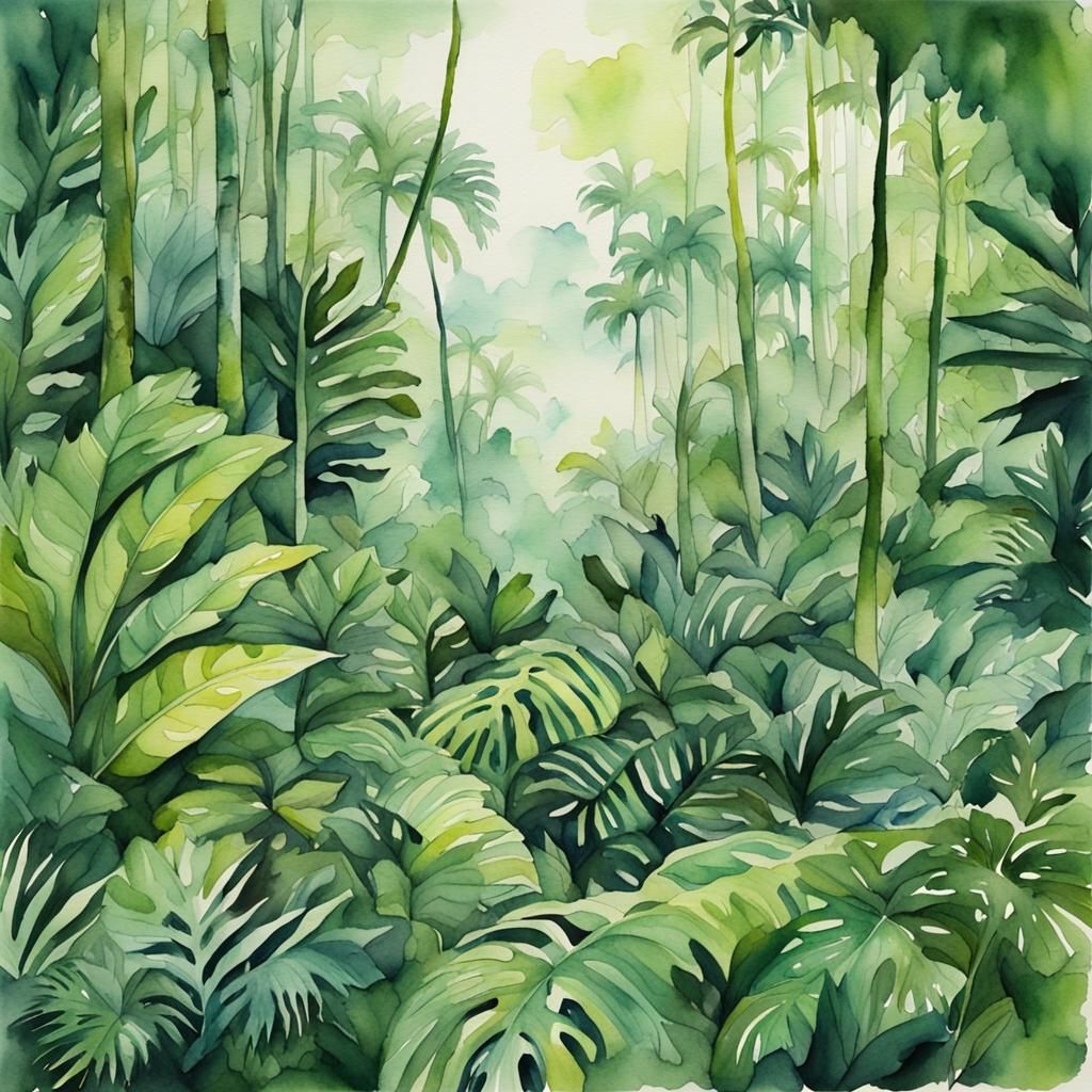 A tropical rainforest,  watercolour,  detailed, entirely gre...