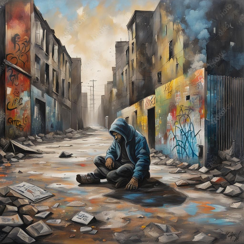 An urban street with graffiti-style painting with textured s...